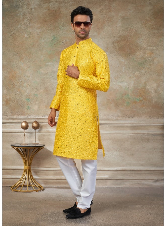 OUTLUK Yellow Cotton Kurta Pajama for Men - Image 3